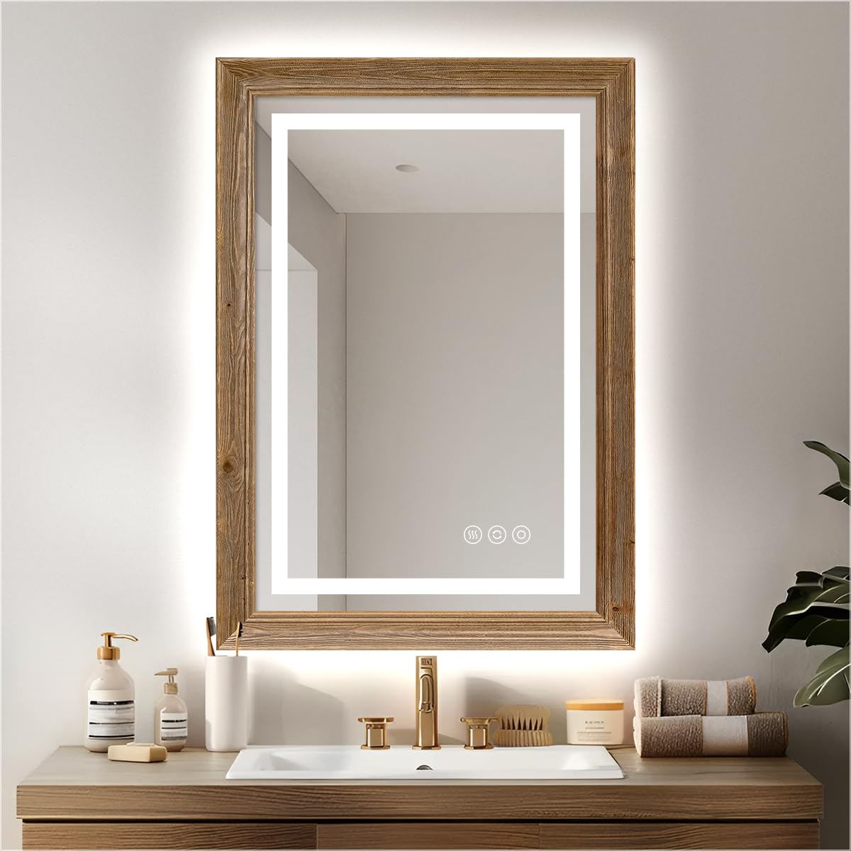 72"W x 36"H Rustic Wooden Framed LED Mirror for Bathroom, Weathered Oak Wood Vanity Lighted Mirror, Waterproof, Decor Living Room, Bedroom, Entryway, Anti-Fog Mirror, CRI 93+, Front & Backlit
