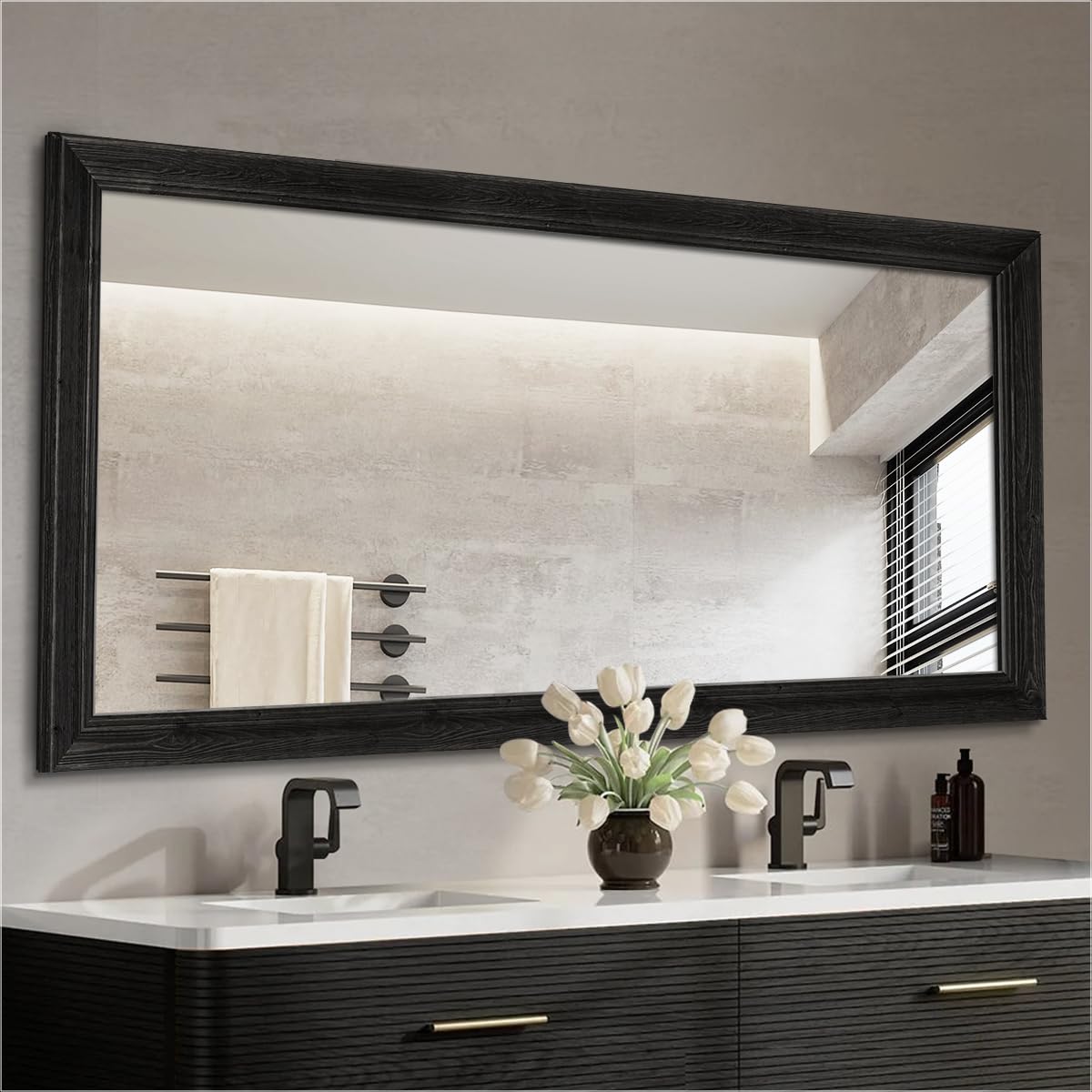 30" x 36" Rustic Wooden Framed Wall Mirror for Bathroom, Black Wood Bathroom Vanity Rectangle Mirror for Over Sink, Waterproof, Decor Living Room, Bedroom, Entryway, Horizontal/Vertical