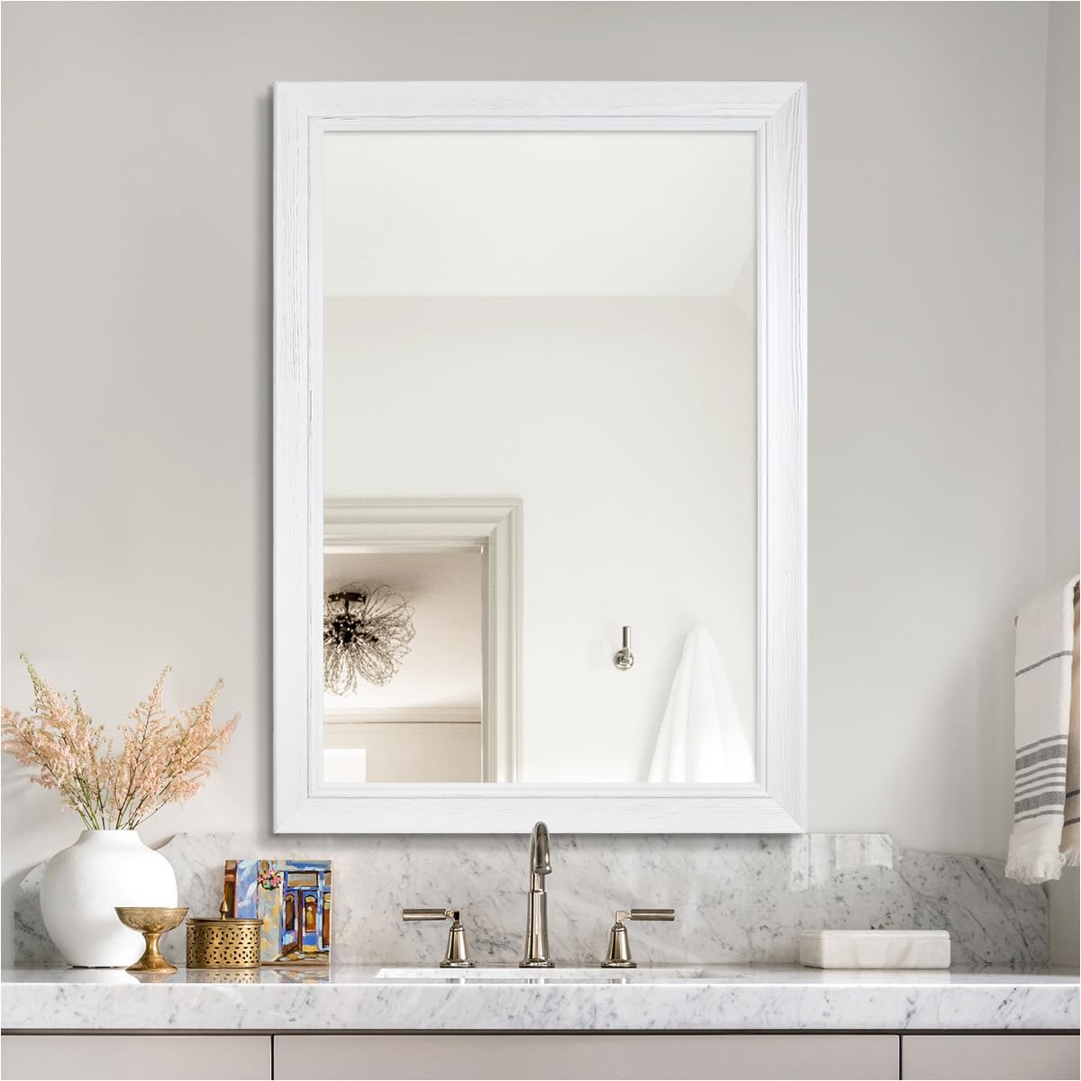 24" x 36" Rustic Wooden Framed Wall Mirror for Bathroom, White Wood Bathroom Vanity Rectangle Mirror for Over Sink, Waterproof, Decor Living Room, Bedroom, Entryway, Horizontal/Vertical