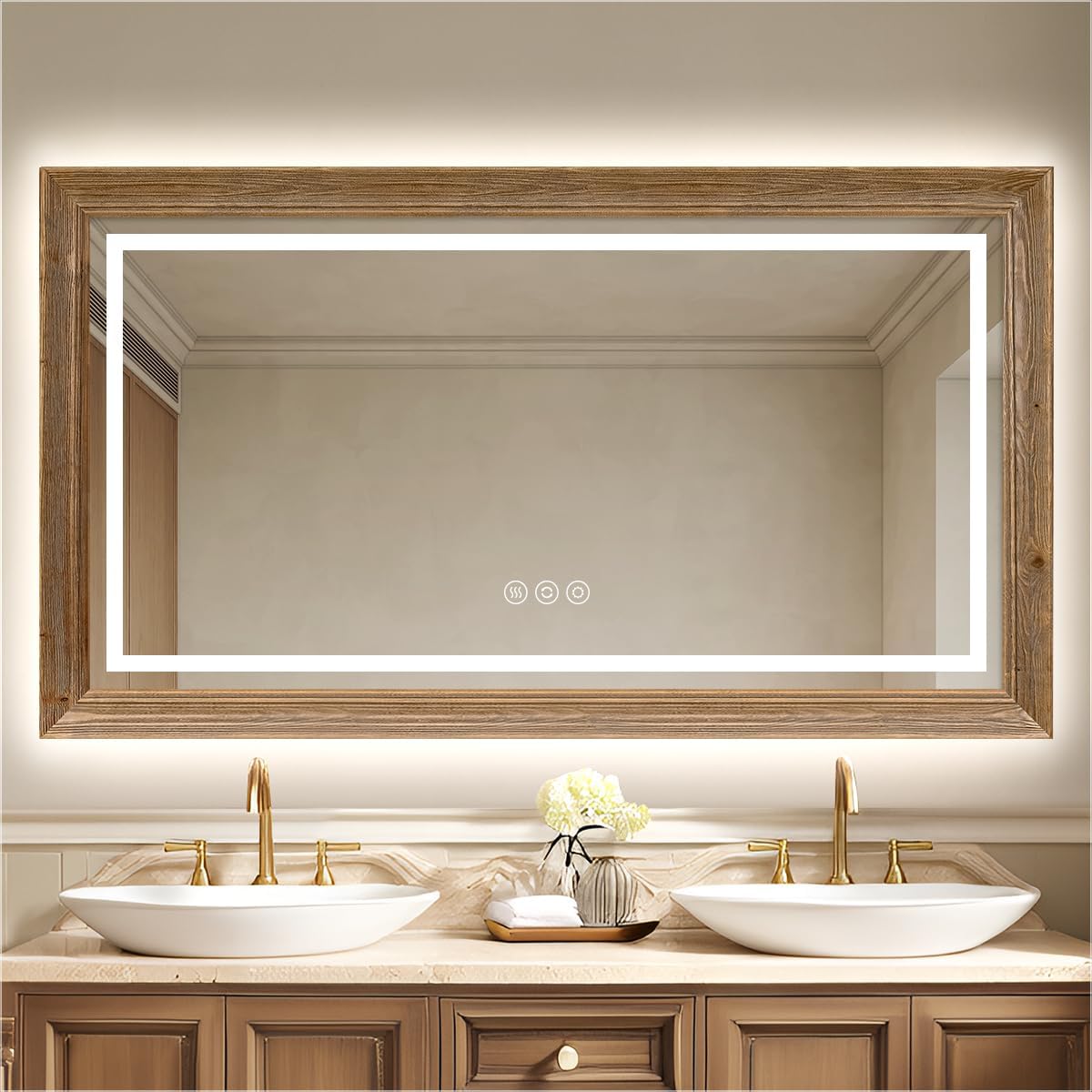 72"W x 36"H Rustic Wooden Framed LED Mirror for Bathroom, Weathered Oak Wood Vanity Lighted Mirror, Waterproof, Decor Living Room, Bedroom, Entryway, Anti-Fog Mirror, CRI 93+, Front & Backlit