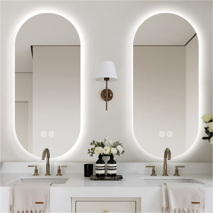 Oval Backlit Bathroom Mirror with Lights, Pill-Shaped LED Lighted Vanity Mirror for Wall, Anit-Fog, Stepless Dimmable, Memory Function