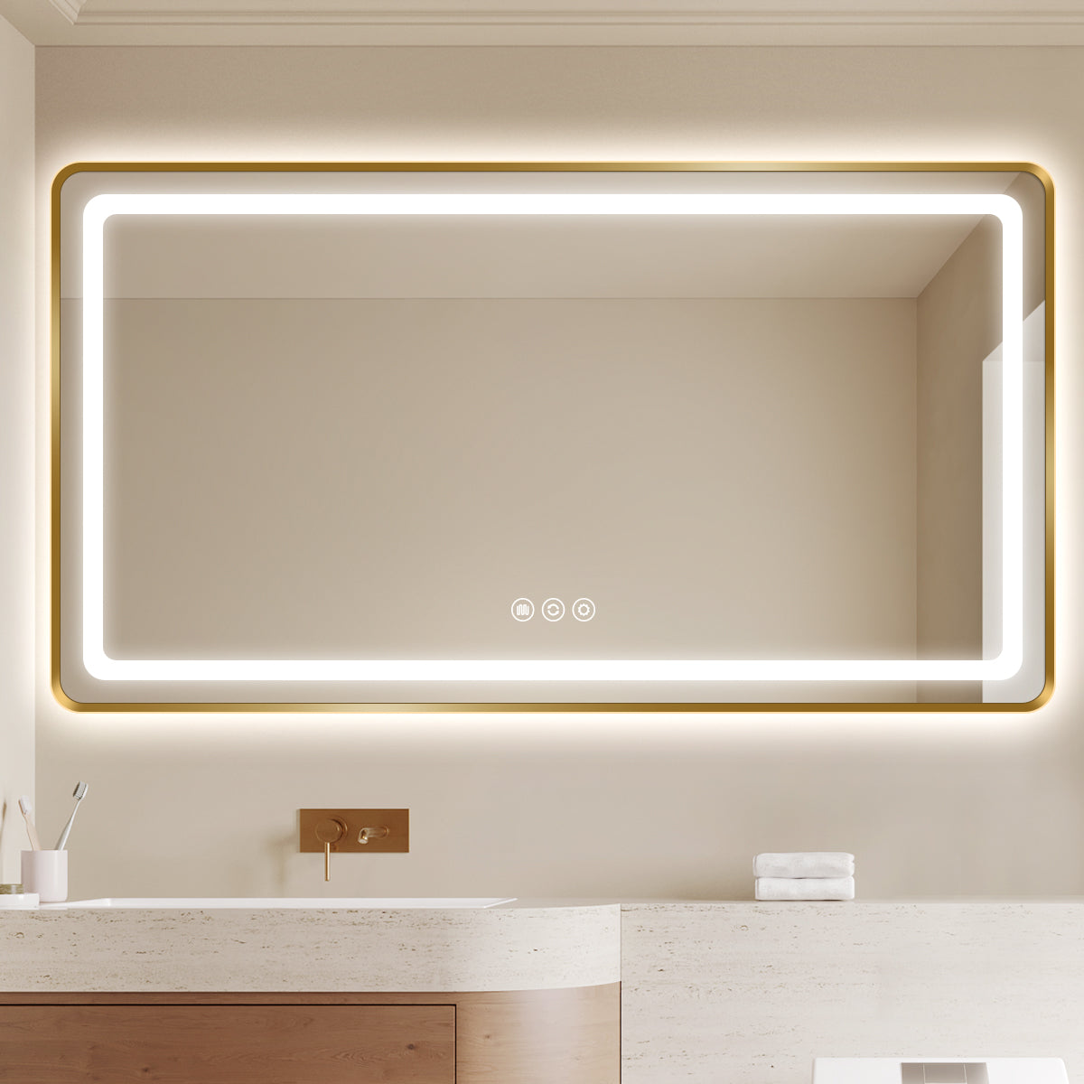 Gold Framed LED Backlit Bathroom Mirror with Anti-Fog & Touch Control
