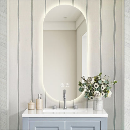 Oval Backlit Bathroom Mirror with Lights, Pill-Shaped LED Lighted Vanity Mirror for Wall, Anit-Fog, Stepless Dimmable, Memory Function