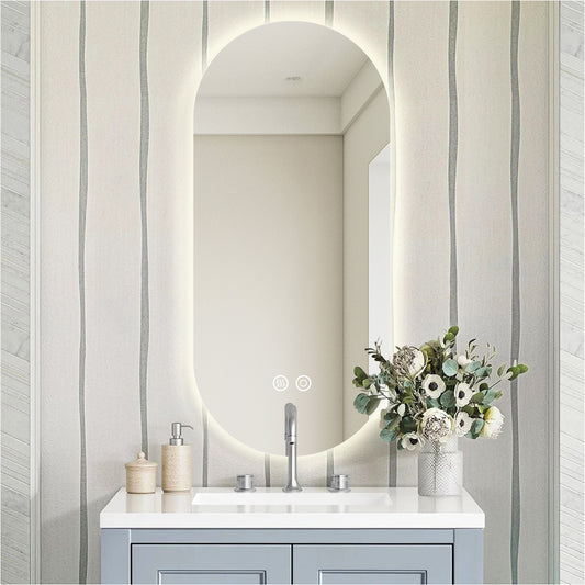 Oval Backlit Bathroom Mirror with Lights, Pill-Shaped LED Lighted Vanity Mirror for Wall, Anit-Fog, Stepless Dimmable, Memory Function