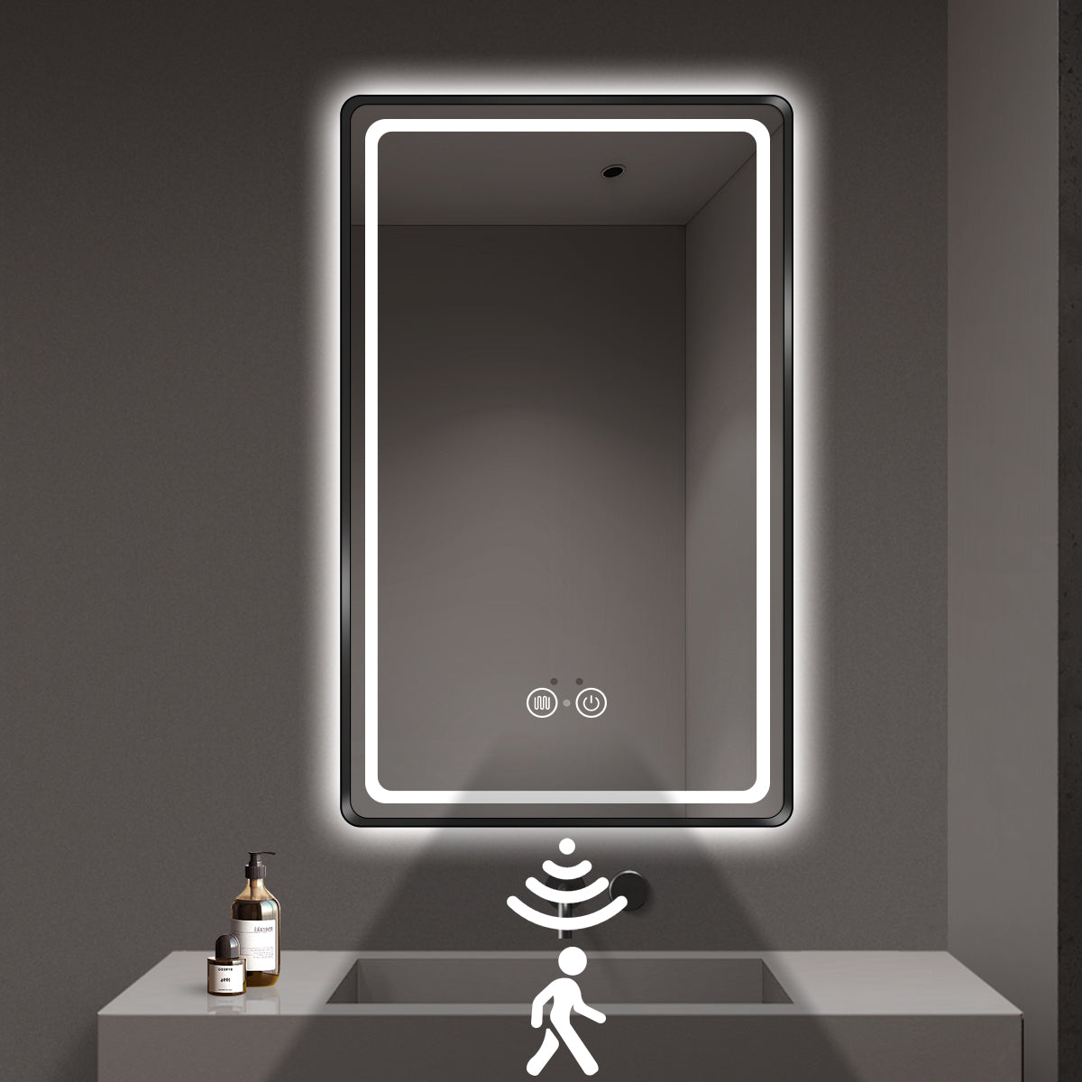 Motion Activated LED Bathroom Mirror, Black Metal Frame, Dimmable Light & Anti-Fog