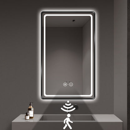 Motion Activated LED Bathroom Mirror, Black Metal Frame, Dimmable Light & Anti-Fog