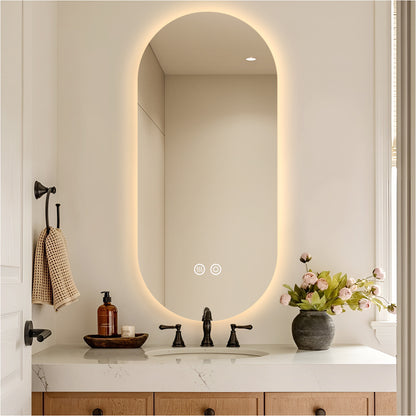 Oval Backlit Bathroom Mirror with Lights, Pill-Shaped LED Lighted Vanity Mirror for Wall, Anit-Fog, Stepless Dimmable, Memory Function