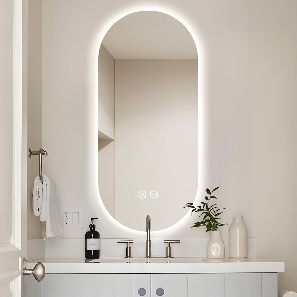Oval Backlit Bathroom Mirror with Lights, Pill-Shaped LED Lighted Vanity Mirror for Wall, Anit-Fog, Stepless Dimmable, Memory Function