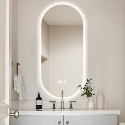Oval Backlit Bathroom Mirror with Lights, Pill-Shaped LED Lighted Vanity Mirror for Wall, Anit-Fog, Stepless Dimmable, Memory Function