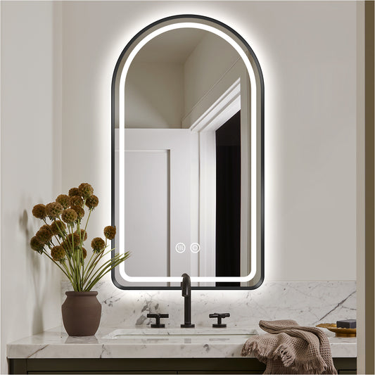 Arched LED Bathroom Mirror, Black Framed,Front & Backlit Vanity Mirror with Lights,Wall Lighted Mirror