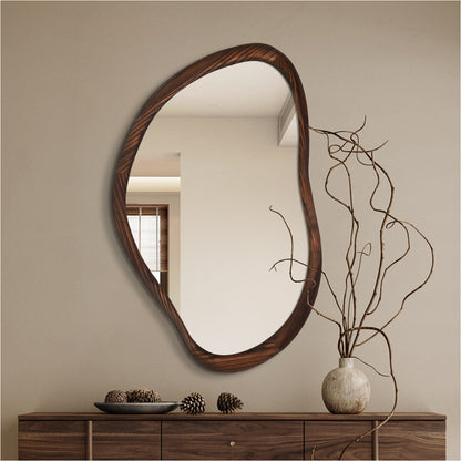 Asymmetrical Wood Bathroom Mirror, Dark Walnut Irregular Wall Mirror