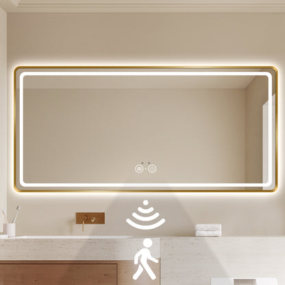 Gold Framed LED Bathroom Mirror with Motion Sensor & Anti-Fog – Large Vanity Mirror
