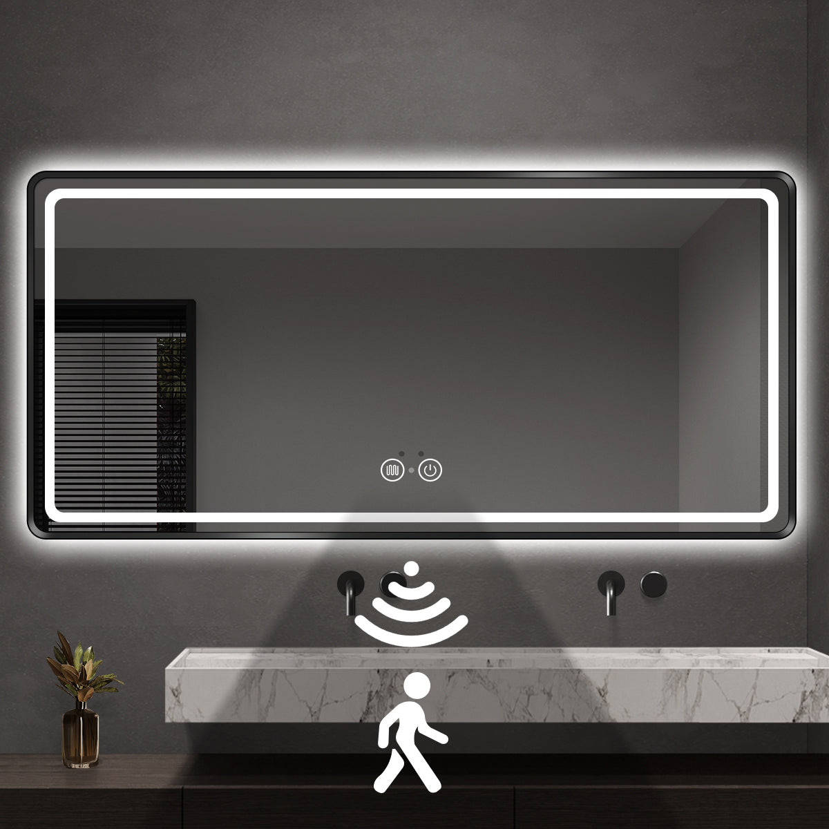 Motion Activated LED Bathroom Mirror, Black Metal Frame, Dimmable Light & Anti-Fog