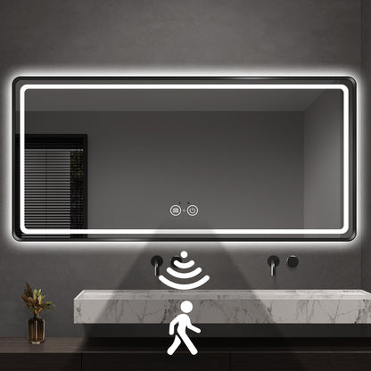 Motion Activated LED Bathroom Mirror, Black Metal Frame, Dimmable Light & Anti-Fog