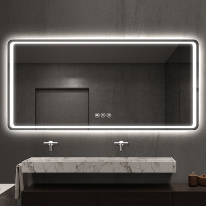 Rounded Frameless LED Backlit Bathroom Mirror with Anti-Fog & Touch Control, Wall Mounted Vanity Mirror