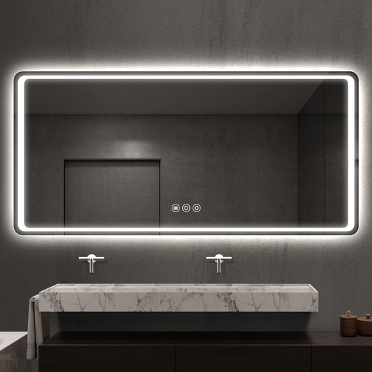 Rounded Frameless LED Backlit Bathroom Mirror with Anti-Fog & Touch Control, Wall Mounted Vanity Mirror