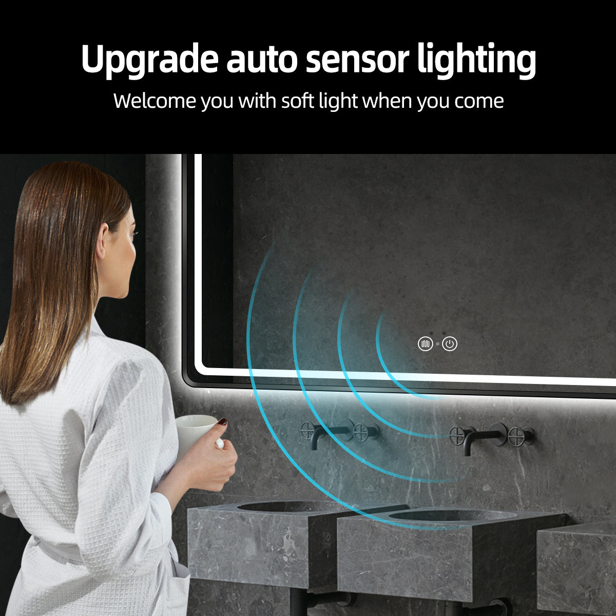 Motion Activated LED Bathroom Mirror, Black Metal Frame, Dimmable Light & Anti-Fog