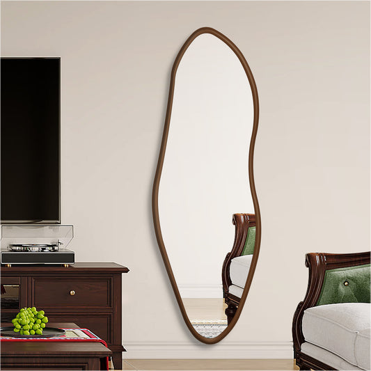 Irregular Full Length Mirror Wall Mounted, Walnut-Colored Wood Framed Mirror
