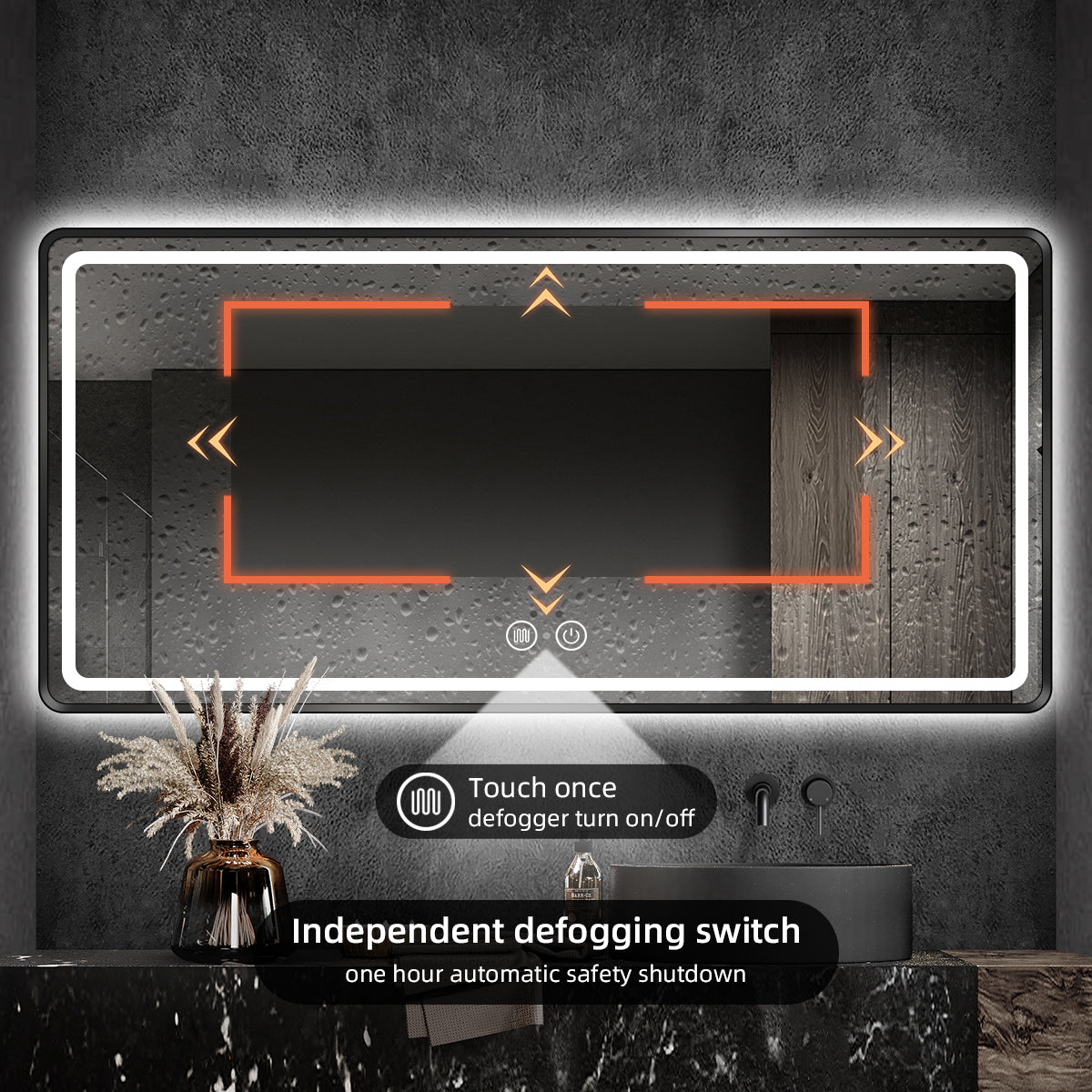 Motion Activated LED Bathroom Mirror, Black Metal Frame, Dimmable Light & Anti-Fog