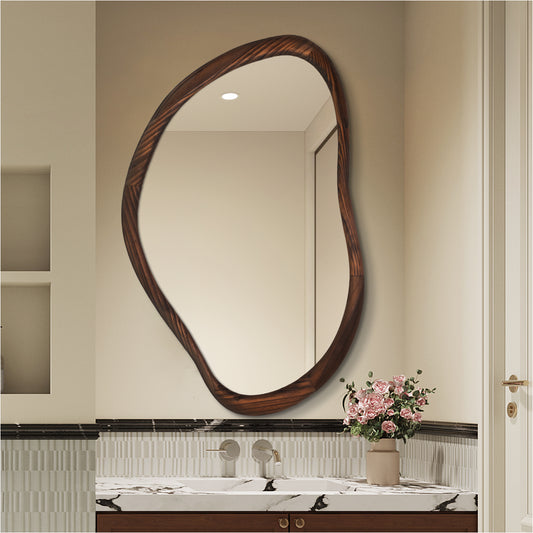Asymmetrical Wood Bathroom Mirror, Dark Walnut Irregular Wall Mirror