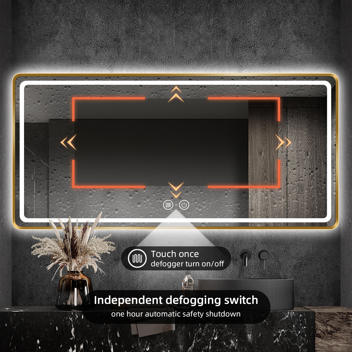 Gold Framed LED Bathroom Mirror with Motion Sensor & Anti-Fog – Large Vanity Mirror