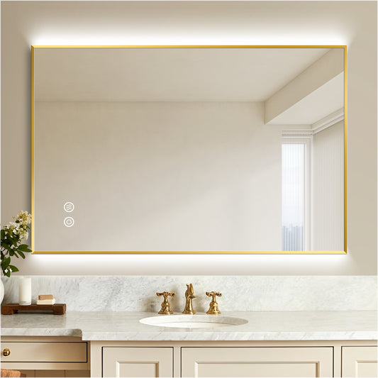 Backlit Mirror, Brushed Gold LED Mirror for Bathroom Wall, Shatter-Proof Glass, 3-Color Temperature