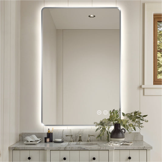 Silver LED Mirror for Bathroom, Metal Framed Smart Mirror with Backlit, Anti-Fog, Stepless Dimmabl