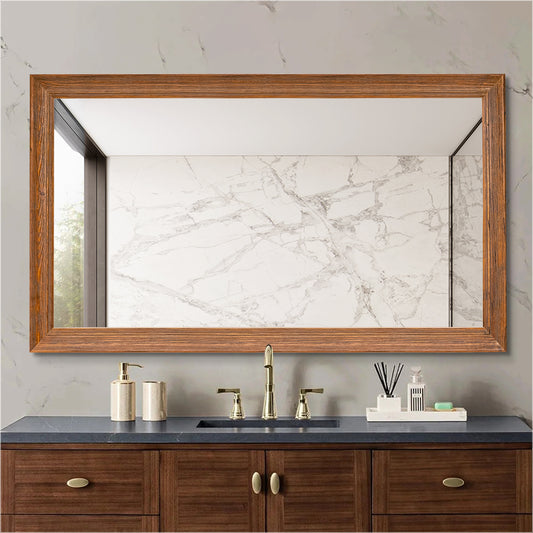 Rustic Wooden Framed Wall Mirror for Bathroom, Chestnut Wood Bathroom Vanity Rectangle Mirror for Over Sink