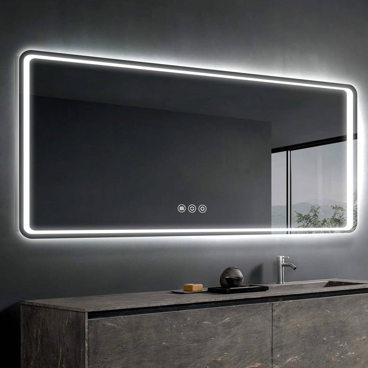 Rounded Frameless LED Backlit Bathroom Mirror with Anti-Fog & Touch Control, Wall Mounted Vanity Mirror