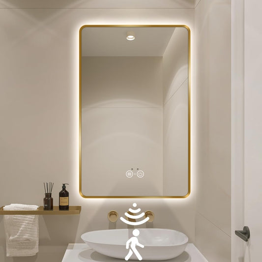 Gold LED Bathroom Mirror, 32"x24" Smart Mirror with Infrared Motion Sensor Lights, Anti Fog, Stepless Dimmable & Color Temperature Adjustment, Wall Mounted Vanity Mirror Backlit, CRI≥93