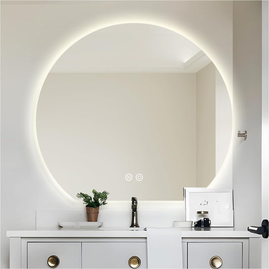 28" x 32" Half Moon Round LED Bathroom Mirror for Wall, Irregular LED Mirror with Anti-Fog, 3-Color Dimmable, Semi Circle Frameless Vanity Mirror, Explosion-Proof, CRI≥93