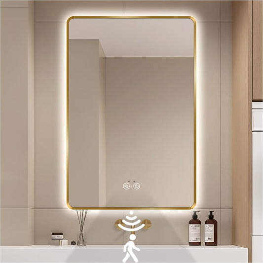 Gold LED Bathroom Mirror, 36"x28" Smart Mirror with Infrared Motion Sensor Lights, Anti Fog, Stepless Dimmable & Color Temperature Adjustment, Wall Mounted Vanity Mirror Backlit, CRI≥93