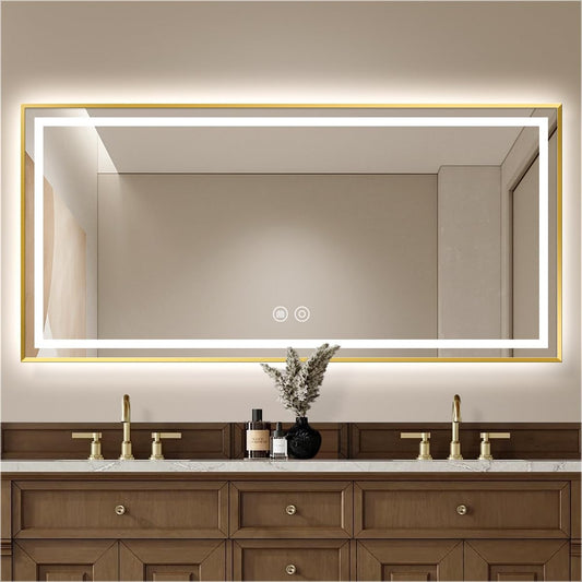 Gold Rectangle LED Bathroom Mirror with Lights, 36 x 66 Inch Lighted Mirror with Backlit & Frontlit, Anti-Fog, 3-Color and Stepless Dimmable Wall Mounted Vanity Mirror (Horizontal)