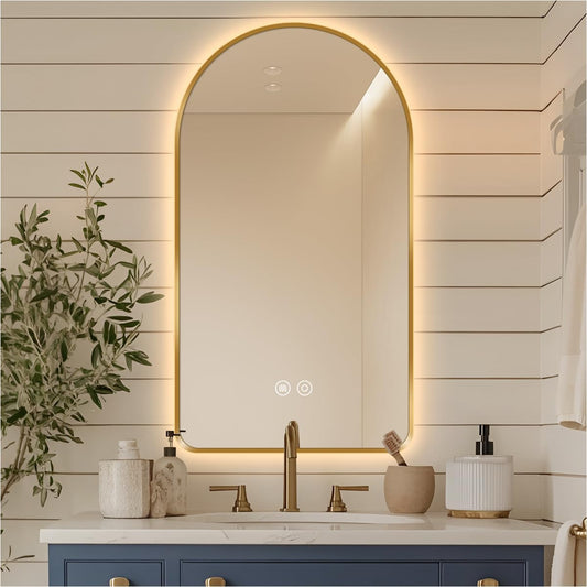 32"L x 20"W Arched LED Bathroom Mirror, Brushed Gold Framed, Backlit Vanity Mirror with Lights, Wall Mounted Lighted Mirror, Dimmable 3-Color Shatter-Proof Arch Smart Mirror, UL-Listed, CRI≥93