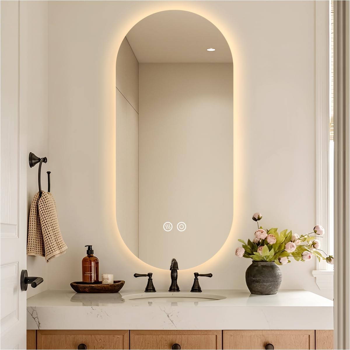 36" x 24" Oval Backlit Bathroom Mirror with Lights, Pill-Shaped LED Lighted Vanity Mirror for Wall, Anit-Fog, Stepless Dimmable, Memory Function, Frameless Smart Mirror, Shatter-Proof, CRI≥93