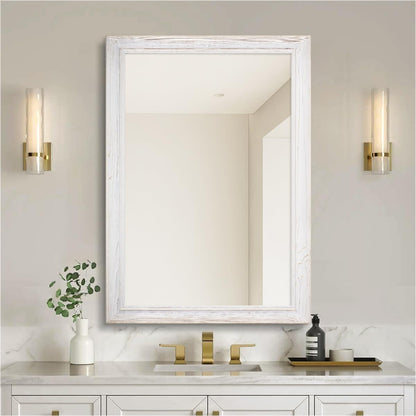 24" x 36" Rustic Wooden Framed Wall Mirror for Bathroom, White Wood Bathroom Vanity Rectangle Mirror for Over Sink, Waterproof, Decor Living Room, Bedroom, Entryway, Horizontal/Vertical