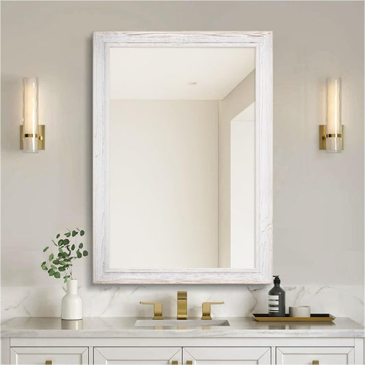 24" x 36" Rustic Wooden Framed Wall Mirror for Bathroom, White Wood Bathroom Vanity Rectangle Mirror for Over Sink, Waterproof, Decor Living Room, Bedroom, Entryway, Horizontal/Vertical
