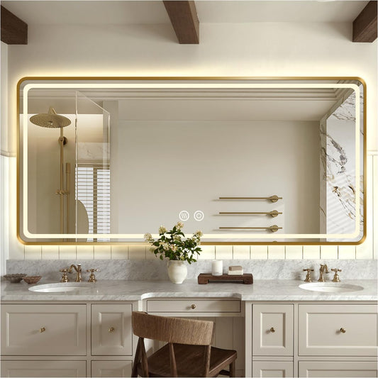 36" x 72" Gold LED Bathroom Vanity Mirror with Lights, Anti-Fog, 45° Beveled Metal Frame, Rounded Corner Rectangle Lighted Wall Mirror, Stepless Dimmable, 3-Color, CRI≥93 (Horizontal)