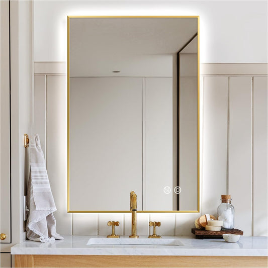 Backlit Wall Mirror, Brushed Gold LED Mirror for Bathroom, Shatter-Proof, 3-Color Temperature, Defogger, Dimmable, Memory Function, UL-Listed, Plug in/Hardwired, 36" x 28"(Dual Mount)