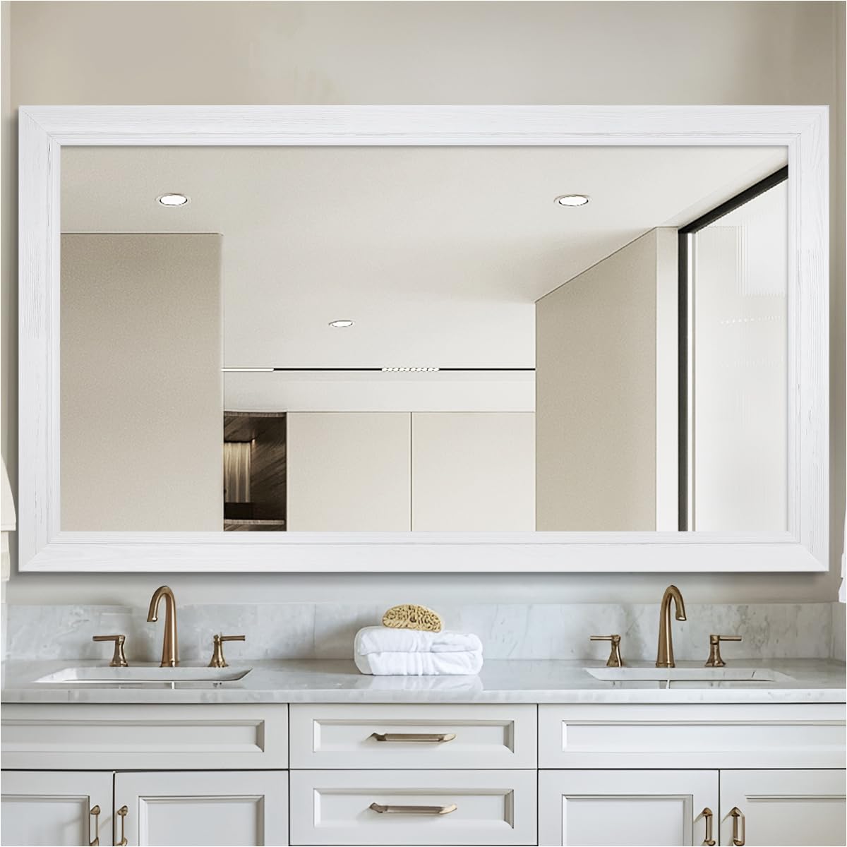 24" x 36" Rustic Wooden Framed Wall Mirror for Bathroom, White Wood Bathroom Vanity Rectangle Mirror for Over Sink, Waterproof, Decor Living Room, Bedroom, Entryway, Horizontal/Vertical