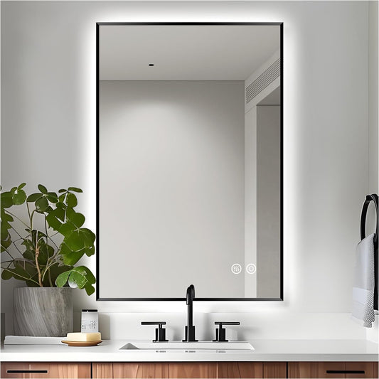 Backlit Wall Mirror, Brushed Black LED Mirror for Bathroom, Shatter-Proof, 3-Color Temperature, Defogger, Dimmable, Memory Function, UL-Listed, Plug in/Hardwired, 36" x 24"(Dual Mount)