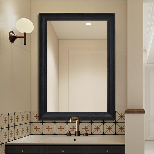 30" x 36" Rustic Wooden Framed Wall Mirror for Bathroom, Black Wood Bathroom Vanity Rectangle Mirror for Over Sink, Waterproof, Decor Living Room, Bedroom, Entryway, Horizontal/Vertical