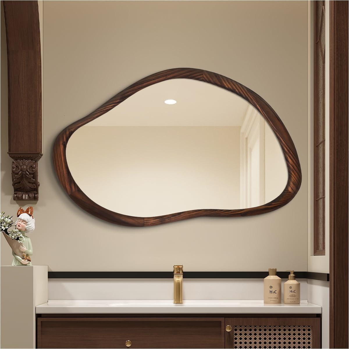 24"x36" Asymmetrical Wood Bathroom Mirror, Dark Walnut Irregular Wall Mirror, Rustic Farmhouse Vanity Mirror for Bedroom, Living Room, Entryway, Horizontal/Vertical