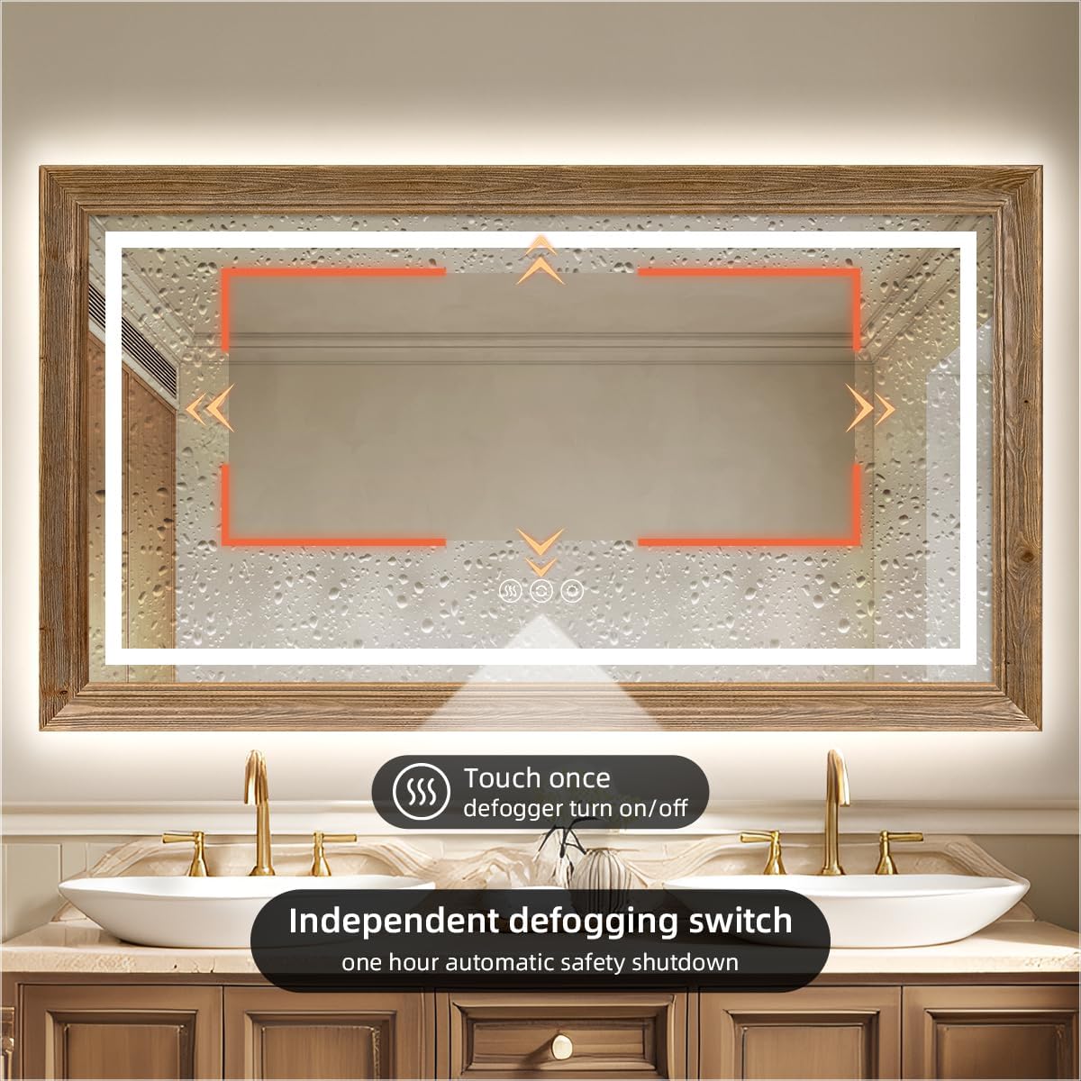 72"W x 36"H Rustic Wooden Framed LED Mirror for Bathroom, Weathered Oak Wood Vanity Lighted Mirror, Waterproof, Decor Living Room, Bedroom, Entryway, Anti-Fog Mirror, CRI 93+, Front & Backlit