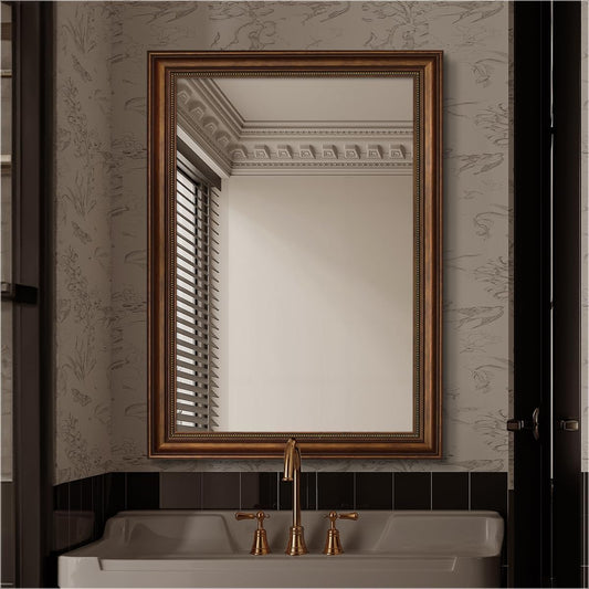 Retro Gold PS Framed Bathroom Mirror, 30" x 40" Decorative Bathroom Vanity Mirror, 5MM Shatter-Proof Glass, Wall Mirror, Decor Living Room, Bedroom, Entryway, Hangs Horizontally or Vertically