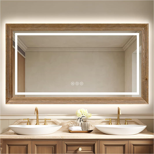 72"W x 36"H Rustic Wooden Framed LED Mirror for Bathroom, Weathered Oak Wood Vanity Lighted Mirror, Waterproof, Decor Living Room, Bedroom, Entryway, Anti-Fog Mirror, CRI 93+, Front & Backlit
